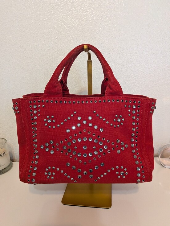 Prada Handbags - Prada Canapa Red Studded Rhinestone Small Satchel
